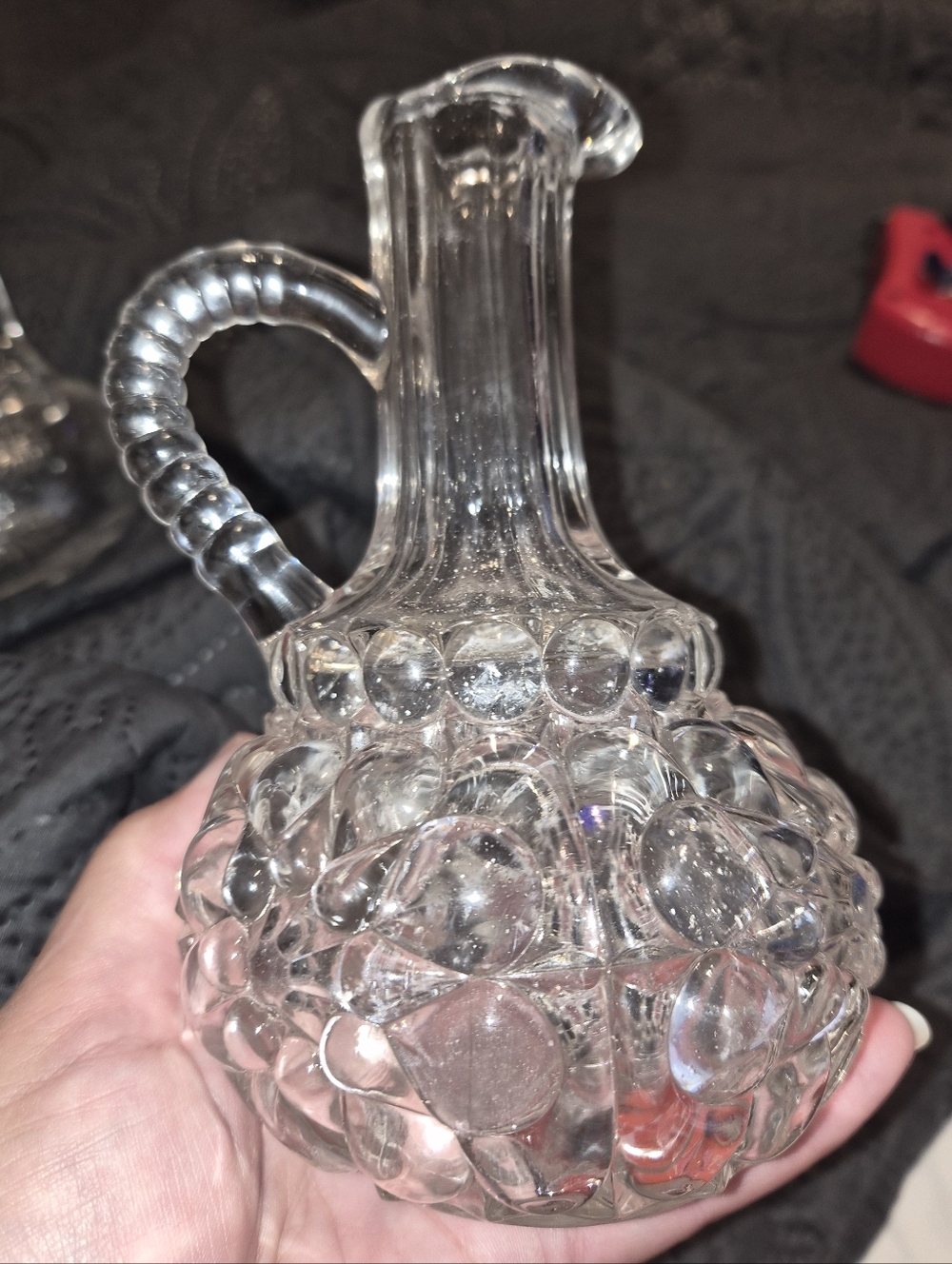 Antique EAPG Clear Glass Cruet - 4-Part Mold & Wafer Base - UV Manganese Glow